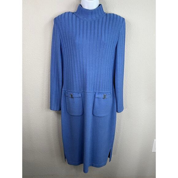 St. John Midi Dress Women's 6 Blue Knit Mock Neck Pockets Long Sleeve Straight - Picture 1 of 6